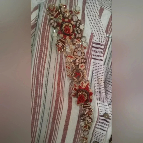 Soft Surroundings Long Sleeve Roll Tab Beaded Neckline Striped‎ Top Size XL - Picture 5 of 6